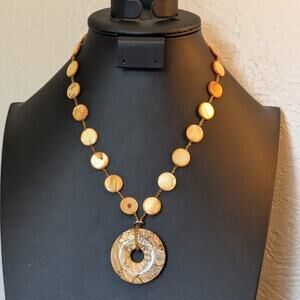 Round Gold Shell Bead Donut Jasper Pendant Barrel Clasp 18" Necklace
